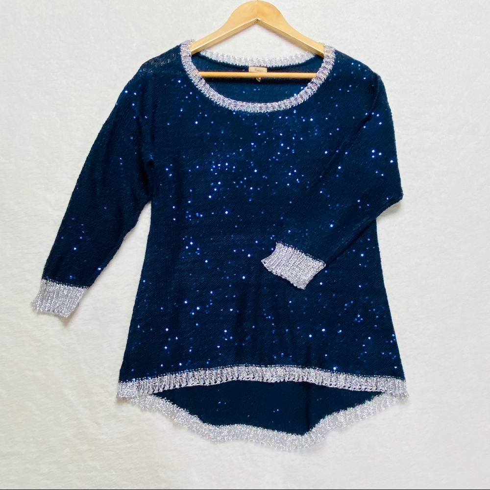Reba Sweater M Blue Silver Sequins Sparkly NEW